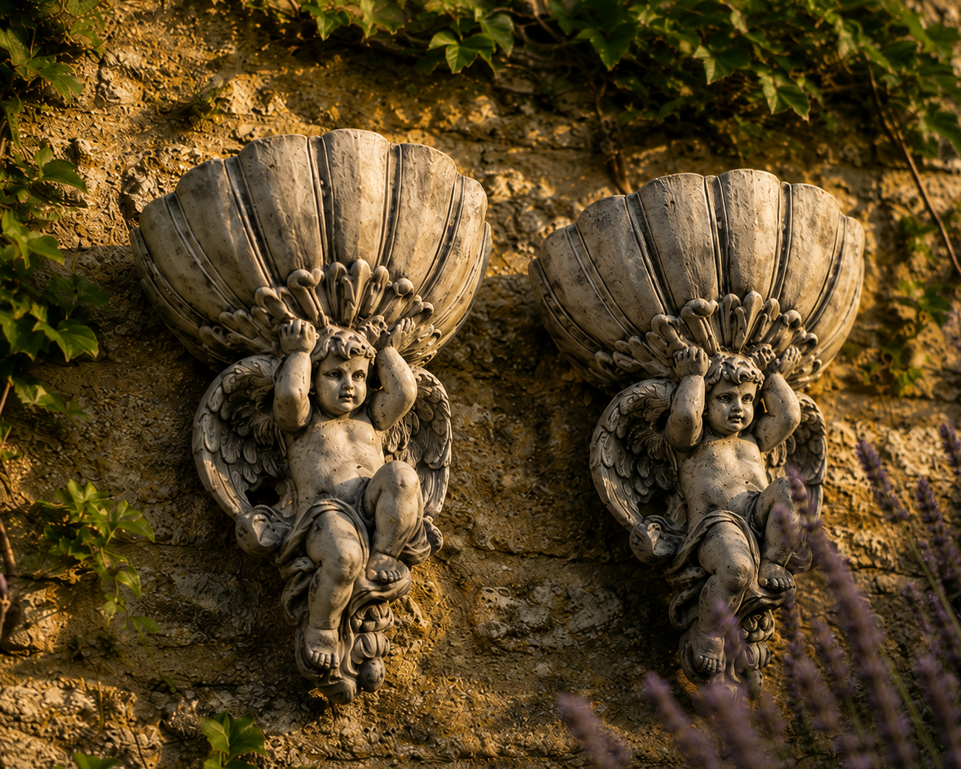 Para XIX-wiecznych anielskich kropielnic ściennych – neogotyk | Vintage Cotswolds