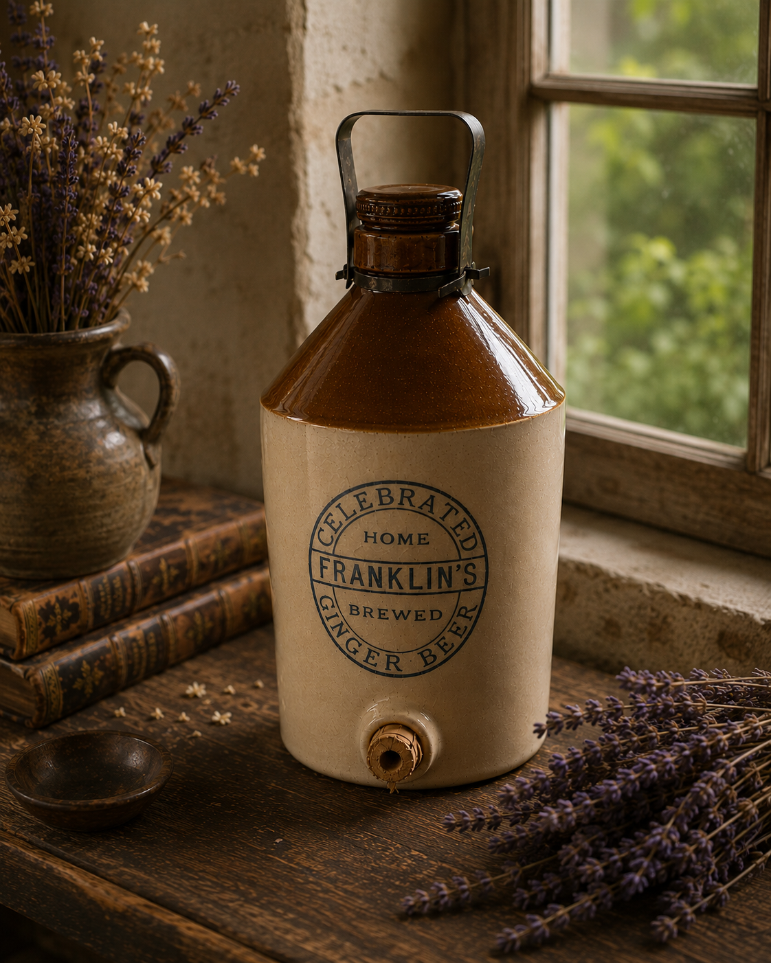 Kamionkowy dzban „Franklin's Celebrated Home Brewed Ginger Beer” – Bristol, Anglia | Oryginalny Vintage Cotswolds