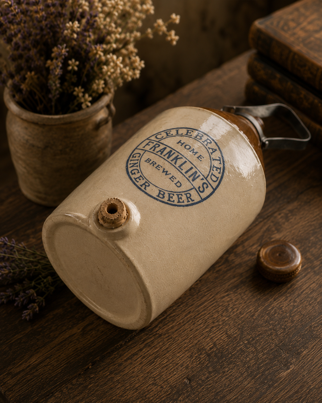 Kamionkowy dzban „Franklin's Celebrated Home Brewed Ginger Beer” – Bristol, Anglia | Oryginalny Vintage Cotswolds
