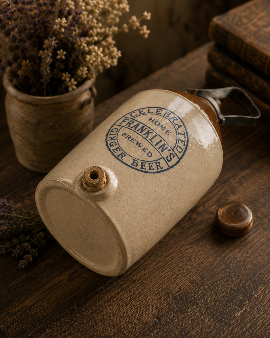 Kamionkowy dzban „Franklin's Celebrated Home Brewed Ginger Beer” – Bristol, Anglia | Oryginalny Vintage Cotswolds
