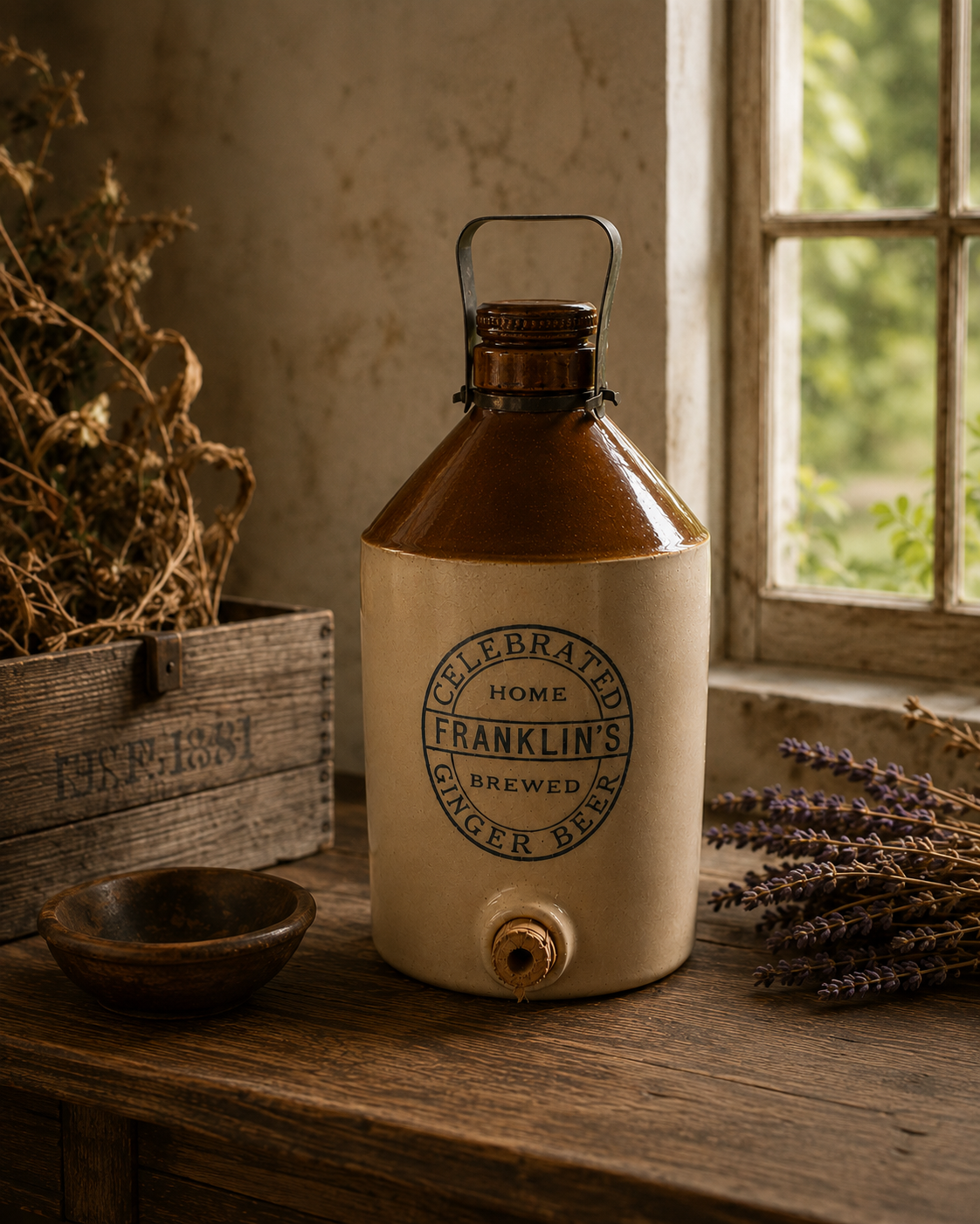 Kamionkowy dzban „Franklin's Celebrated Home Brewed Ginger Beer” – Bristol, Anglia | Oryginalny Vintage Cotswolds