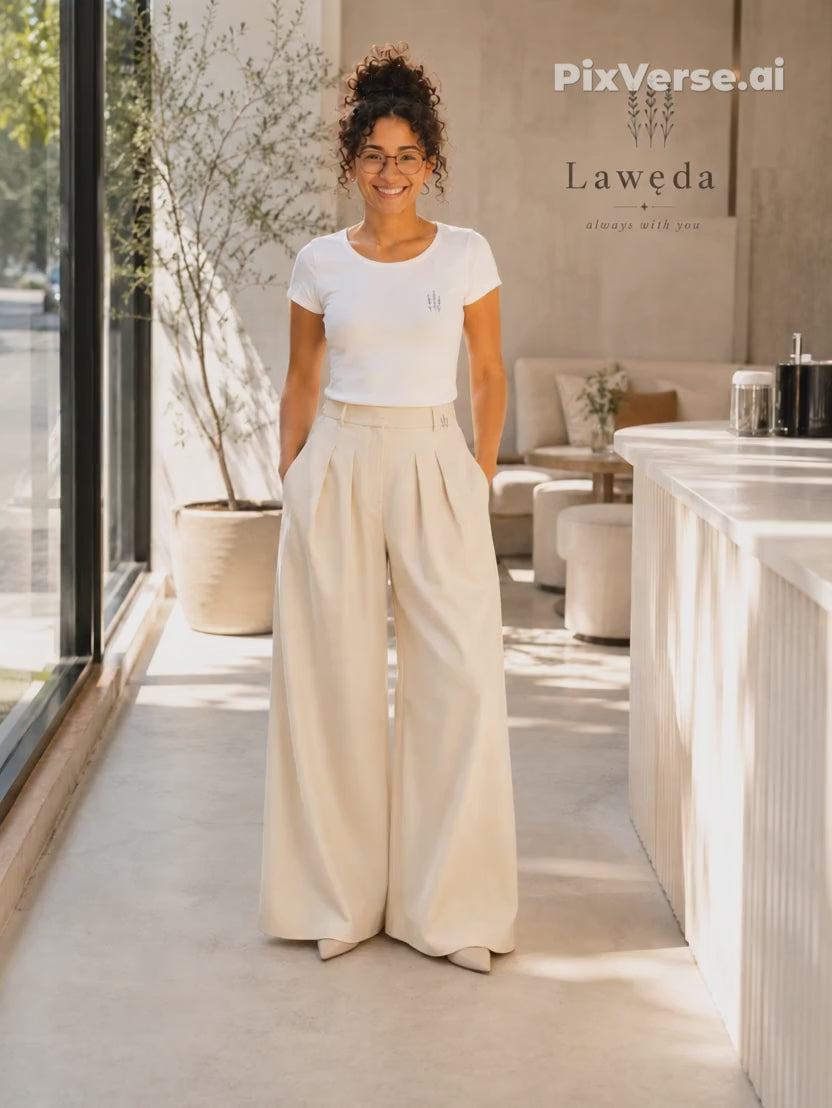 Spodnie damskie Palazzo Lawęda z wysokim stanem – Elegance Cream
