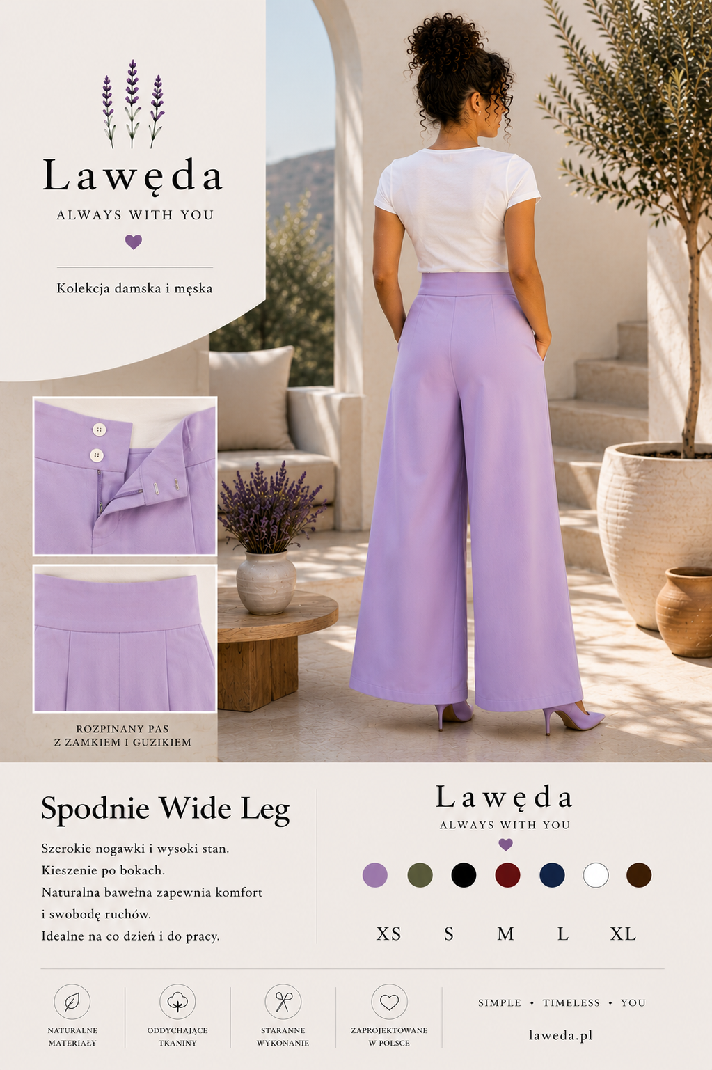 Spodnie damskie Wide Leg Lawęda z wysokim stanem