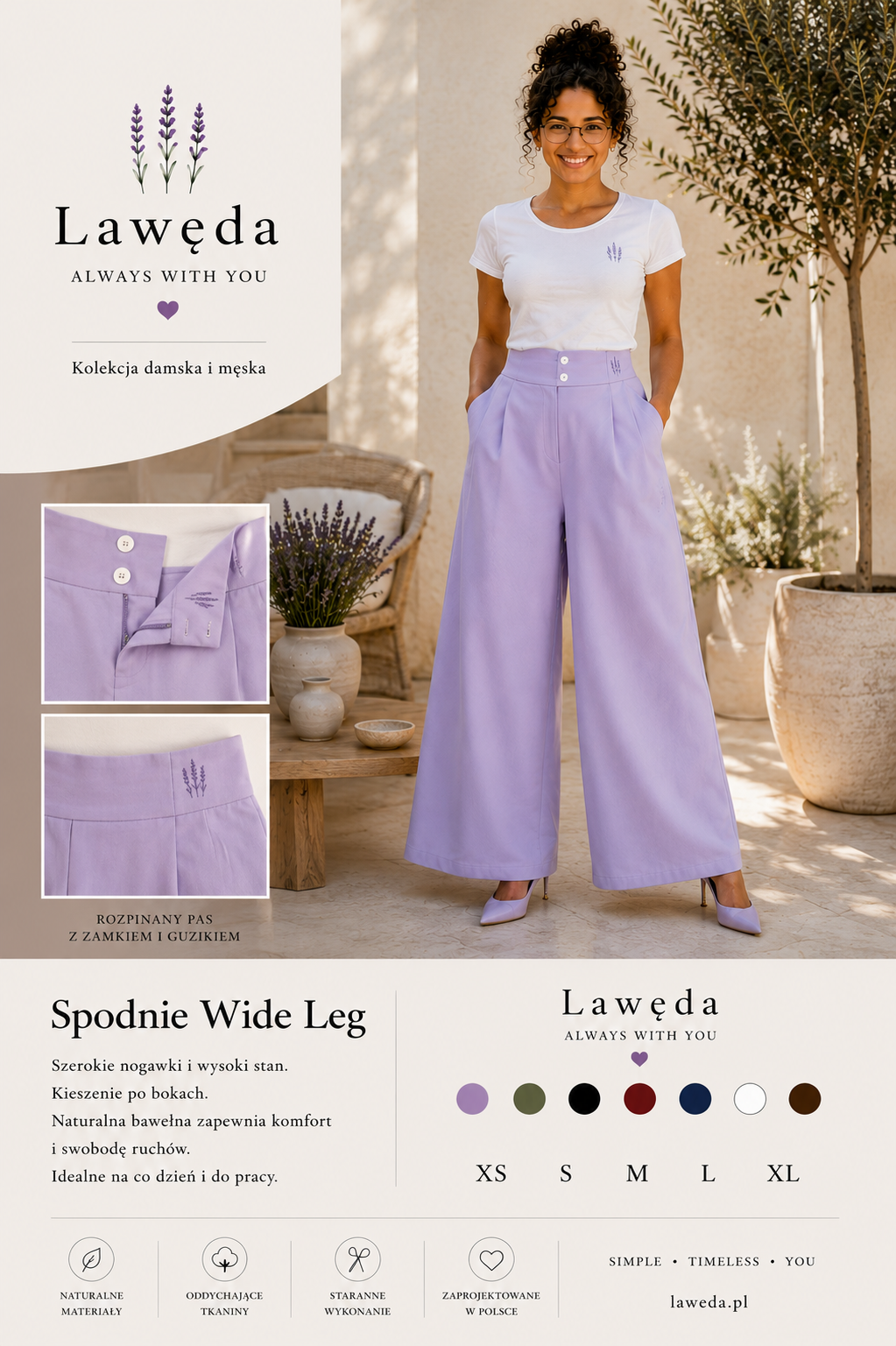 Spodnie damskie Wide Leg Lawęda z wysokim stanem