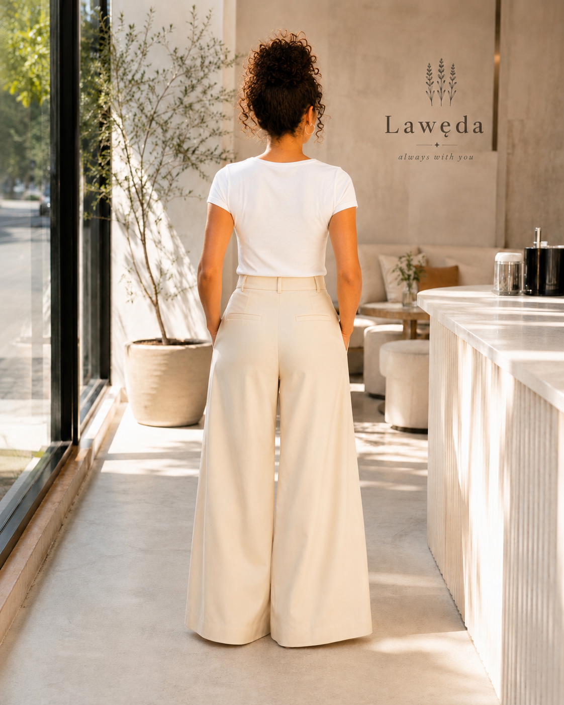 Spodnie damskie Palazzo Lawęda z wysokim stanem – Elegance Cream